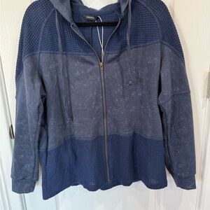 Dokotoo Navy Blue Mixed-Texture Zip Bomber Jacket